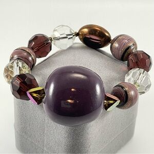 Beautiful Unsigned Purple Clear Gold Glass Acrylic Mix Beaded Stretch Bracelet